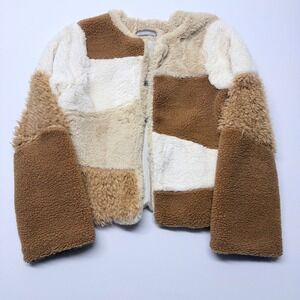 Addie Patchwork Faux Fur Sherpa Cropped Jacket Brown Tan Cream Large